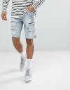エイソス メンズ ハーフパンツ・ショーツ ボトムス ASOS Denim Shorts In Slim light Wash With Heavy Rips Light wash blue