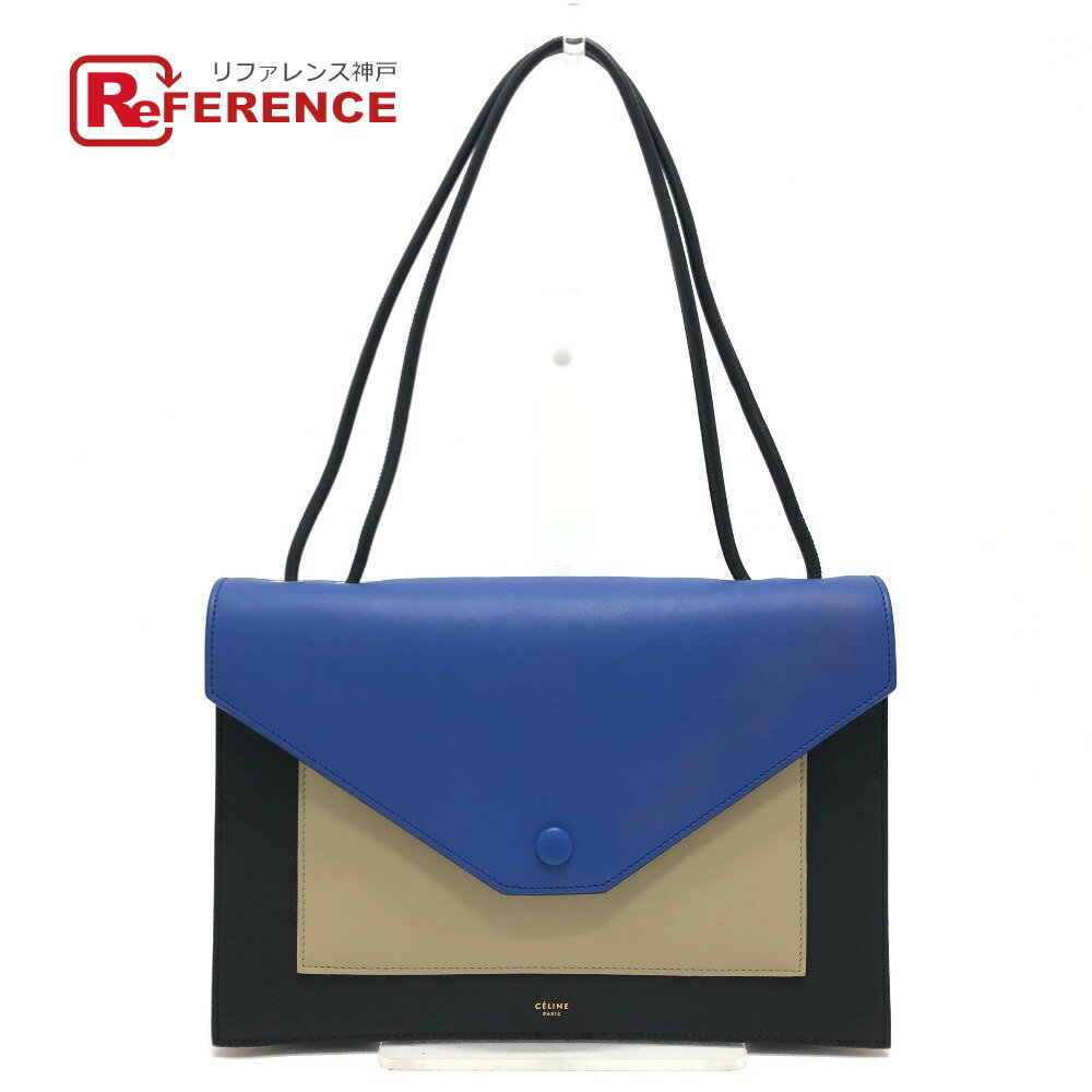 CELINE セリーヌ 2015年春夏 トリコロール ポケットミディアムクラッチ 2way 肩掛け ショルダーバッグ クラッチバッグ レザー レディース ブルー ブラック 新品同様 【中古】