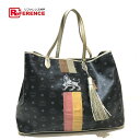 MCM エム・シー・エム ポーチ付 フリンジ ミュンヘンライオン ロゴグラム トートバッグ レザー ネイビー系×メタリックシルバー レディース【中古】