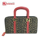 FENDI フェンディ FF金具 レオパード ヒョウ柄 豹 スリム ハンドバッグ キャンバス/レザー レディース ブラウン×レッド 【中古】