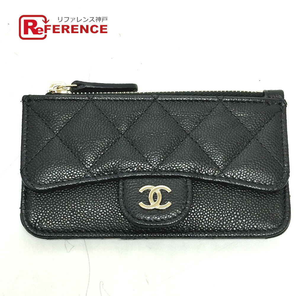 CHANEL シャネル AP2570 フラグメントケース ココマーク マトラッセ クラシック ジップ カードケース 財布 小銭入れ コインケース キャビアスキン レディース ブラック 未使用 【中古】