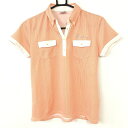 ショッピングスパンコール Paradiso パラディーゾ 半袖ポロシャツ オレンジ×白 ストライプ柄 総柄 スパンコールロゴ レディース L ゴルフウェア