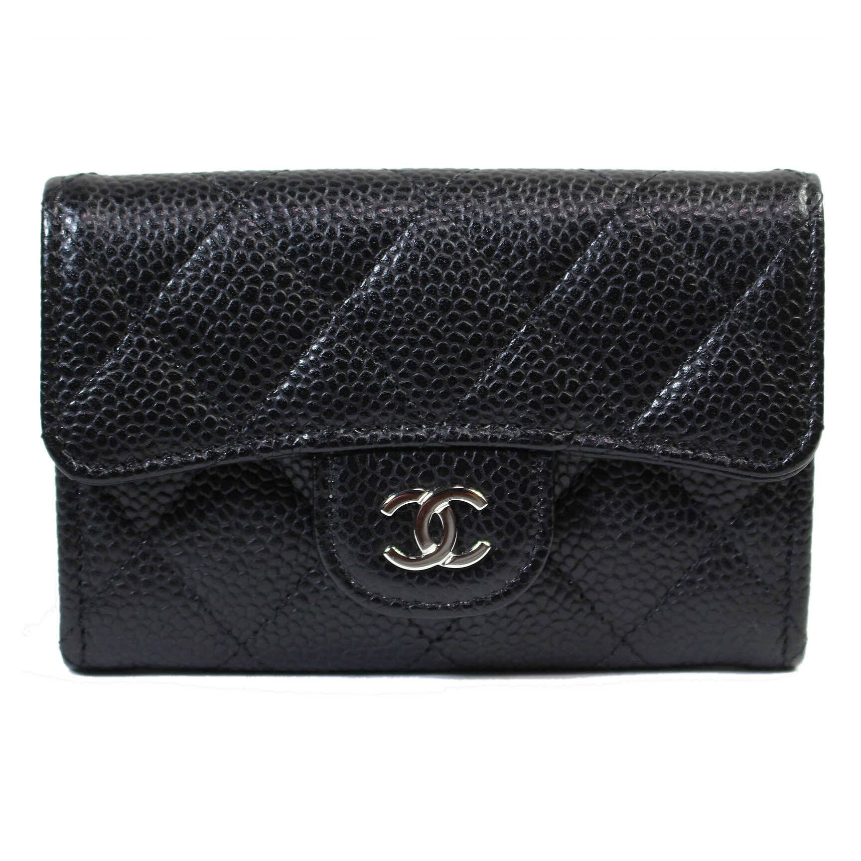 美品 シャネル マトラッセ キャビアスキン カードケース 黒 シルバー金具 ランダムシリアル A80799 【中古】10131
