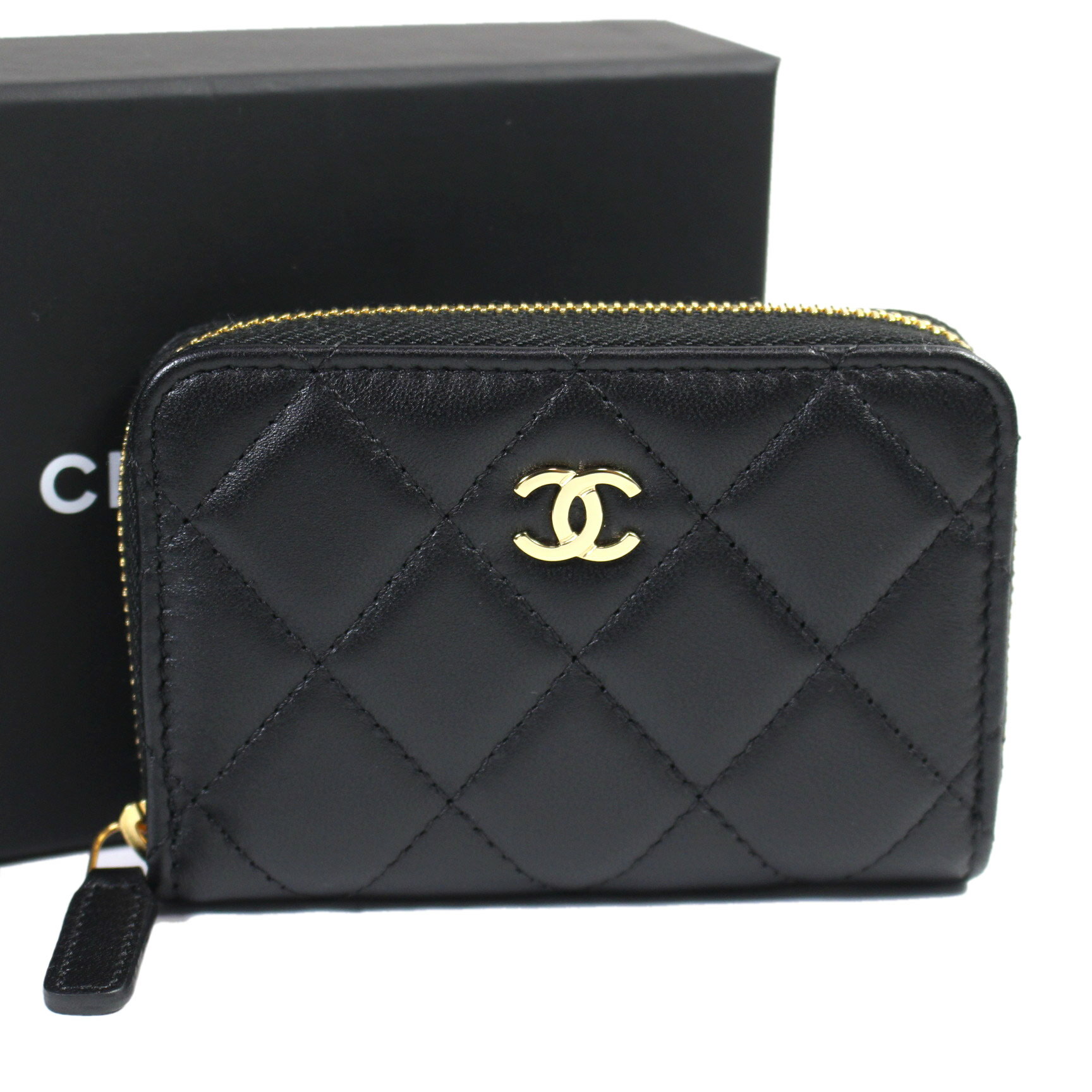 美品 シャネル マトラッセ コインケース カードケース ラムスキン 黒 ゴールド金具【中古】10548