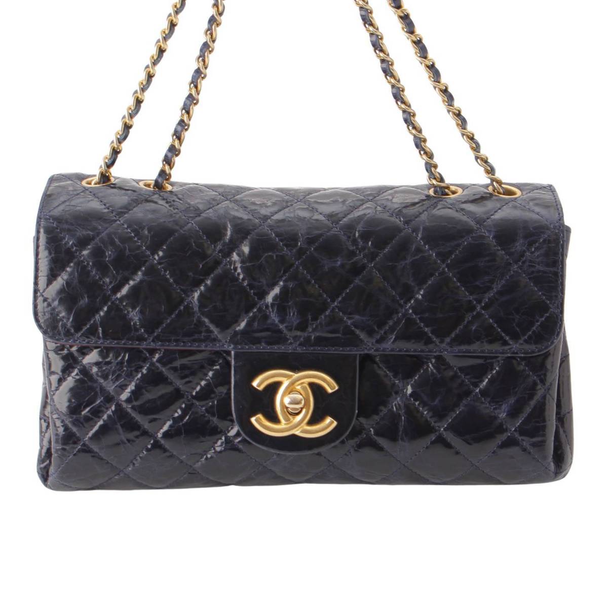 【シャネル】Chanel　14番台 <strong>マトラッセ</strong> コーティングレザー Wチェーンショルダーバッグ <strong>ネイビー</strong> ブルー 【中古】【鑑定済・正規品保証】206426