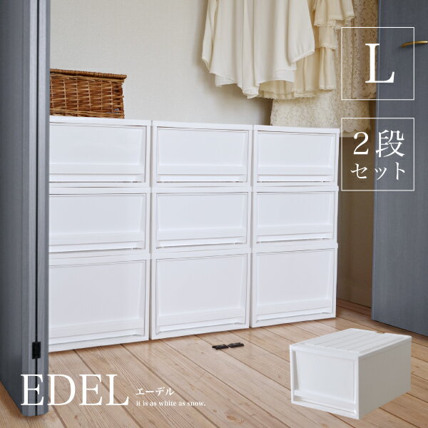 収納ケース EDEL（エーデル）L【2段セット】 収納ボックス 収納box おしゃれ プラスチックケース 衣類収納 押入れ クローゼット モノトーン 白 ホワイト シンプル 不透明 リス