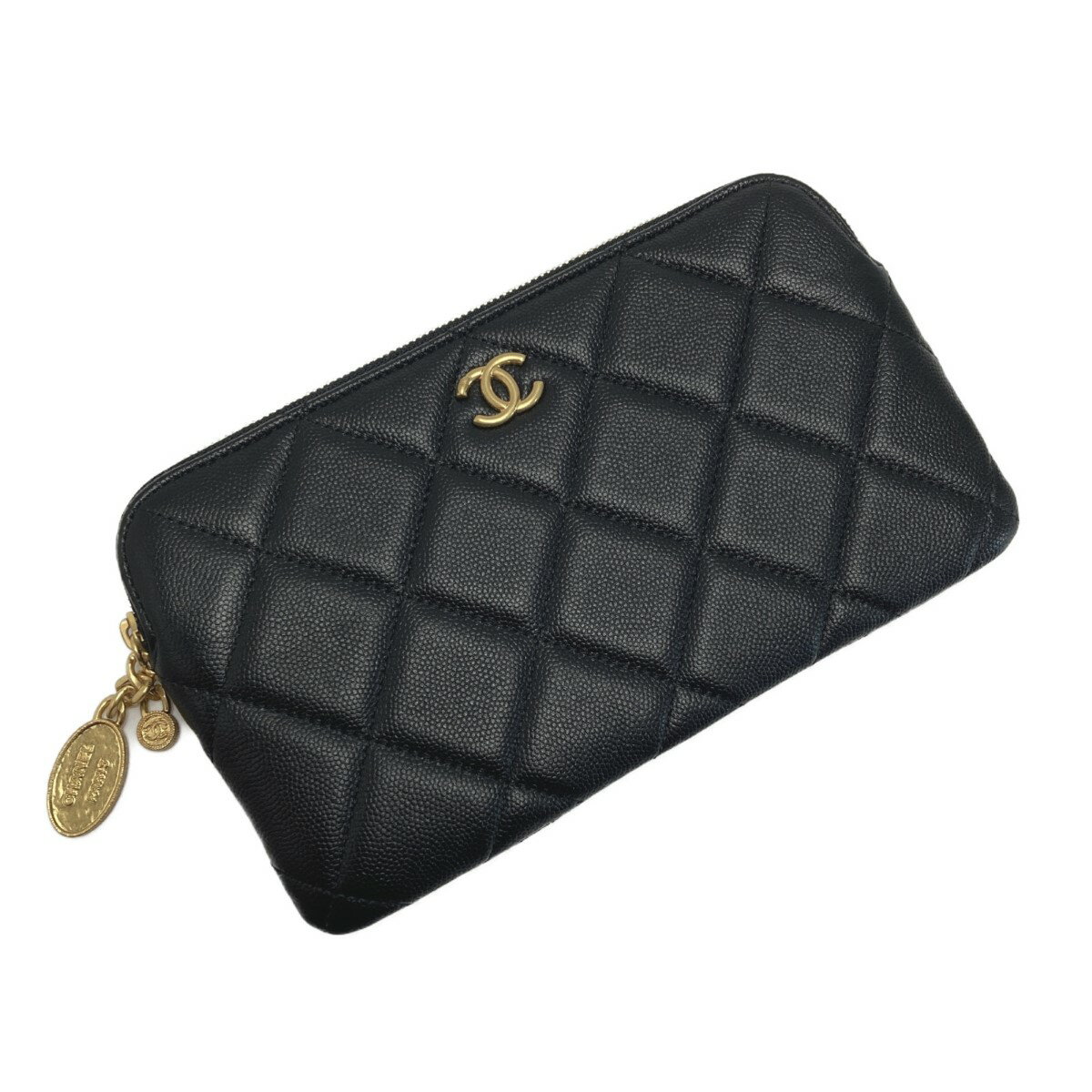 ☆☆【中古】CHANEL シャネル ココマーク マトラッセ ポーチ ブラック キャビアスキン チャーム クラッチバッグ Aランク