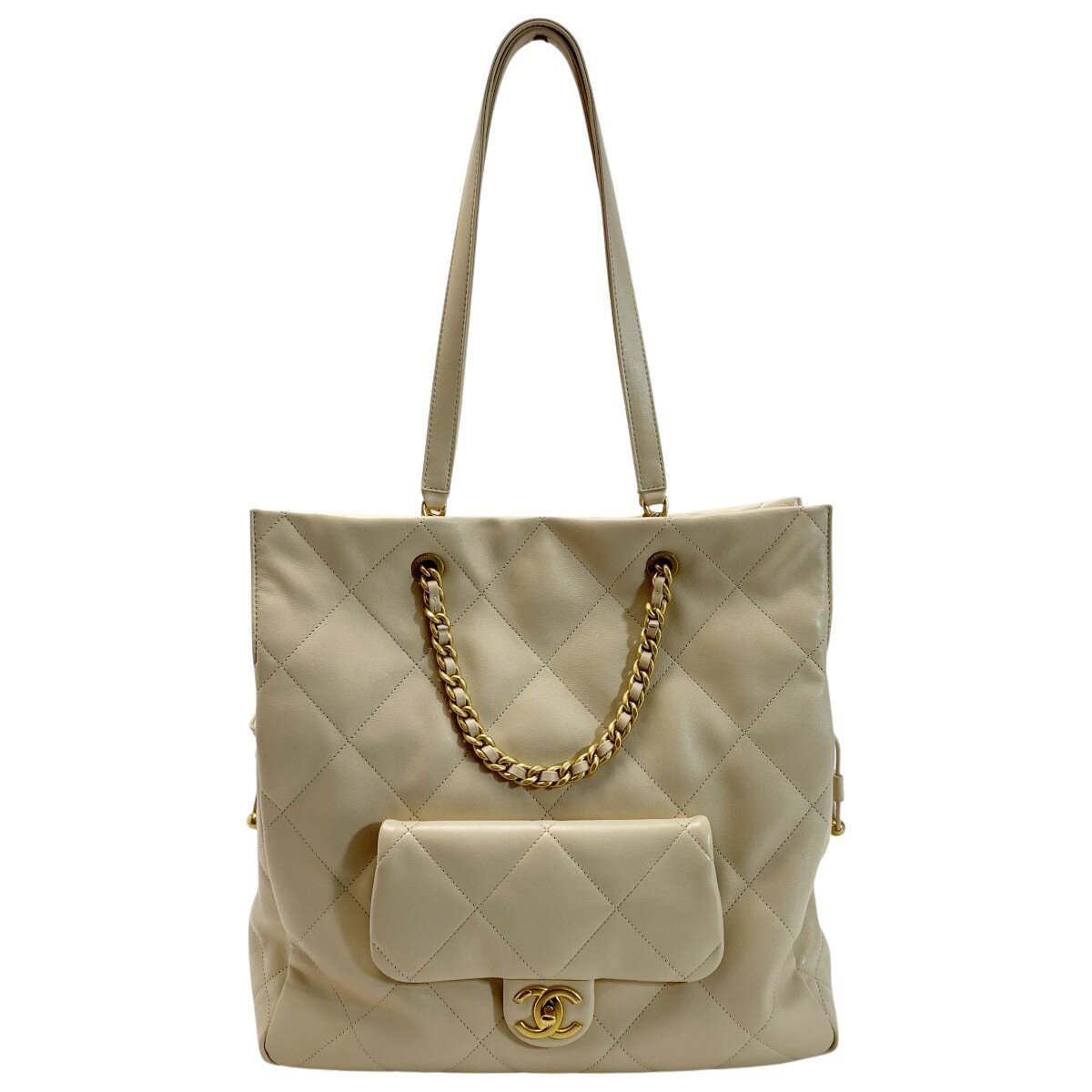 ☆☆【中古】CHANEL シャネル マトラッセ シャイニーラムスキン チェーン AS5315 ベージュ トートバッグ Cランク