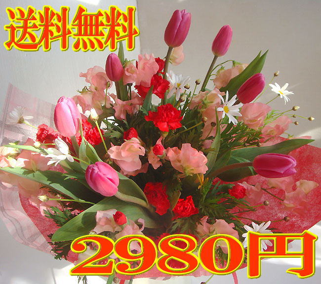 チューリップ＆スイトピー＆春の花の花束送料無料♪2980円！ご卒業・ご入学・歓送迎会・門出に贈る花束チューリップ＆スイートピー春の花の花束