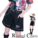 【送料無料】RomelCheo 妖怪 百鬼夜行 ショート パンツ ワイド 短パン リボン 和柄 プリント レディース レトロ ストリート系 原宿系 エスニック アジアン ファッション 青文字系 病みかわいい 個性的 個性派 ロメルチェオ