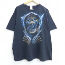 【中古】古着 半袖Tシャツ スケルトン ヘッドホン サンダー 大きいサイズ 2L LL ビッグシルエット ゆったり ビッグサイズ オーバーサイズ コットン クルーネック 丸首 黒 ブラック XLサイズ 中古 メンズ 中古メンズ半袖プリントキャラクター