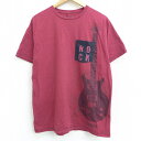 【中古】古着 半袖Tシャツ ハードロックカフェ タンパ ギター 胸ポケット付き コットン クルーネック 丸首 赤 レッド Lサイズ 中古 メンズ 中古メンズ半袖プリントキャラクター