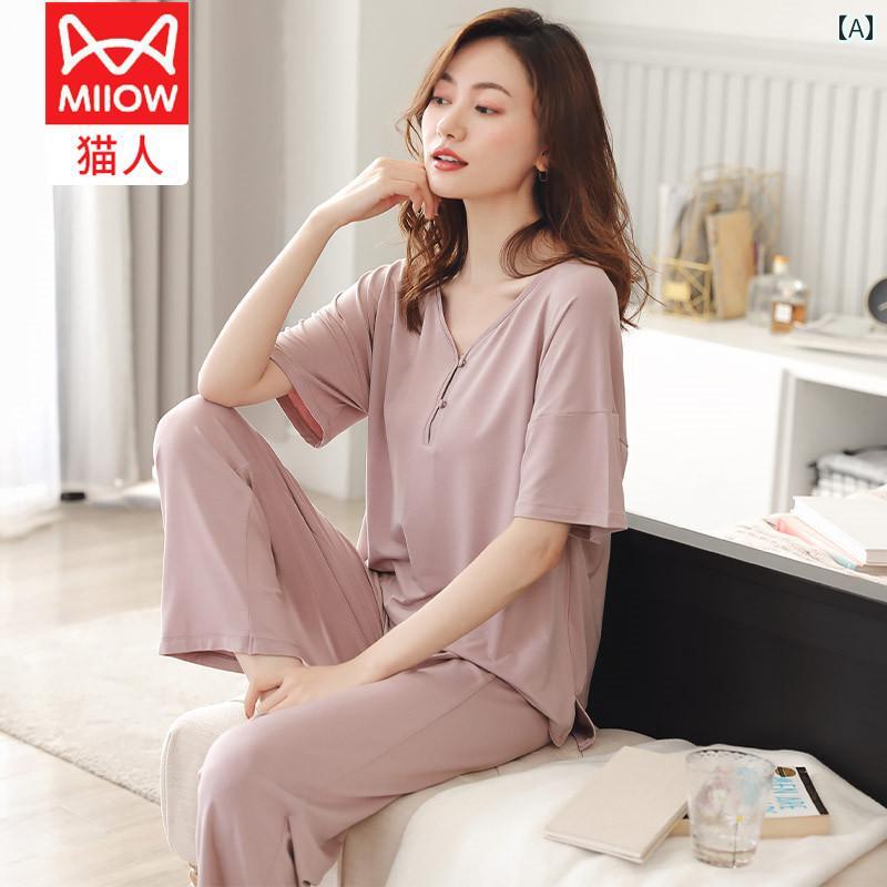 半袖　半ズボン　パジャマ キャットマン ママ パジャマ レディース 夏 薄手 半袖 ズボン モダールコットン シルク ホームウェア 大きめ サイズ スーツ