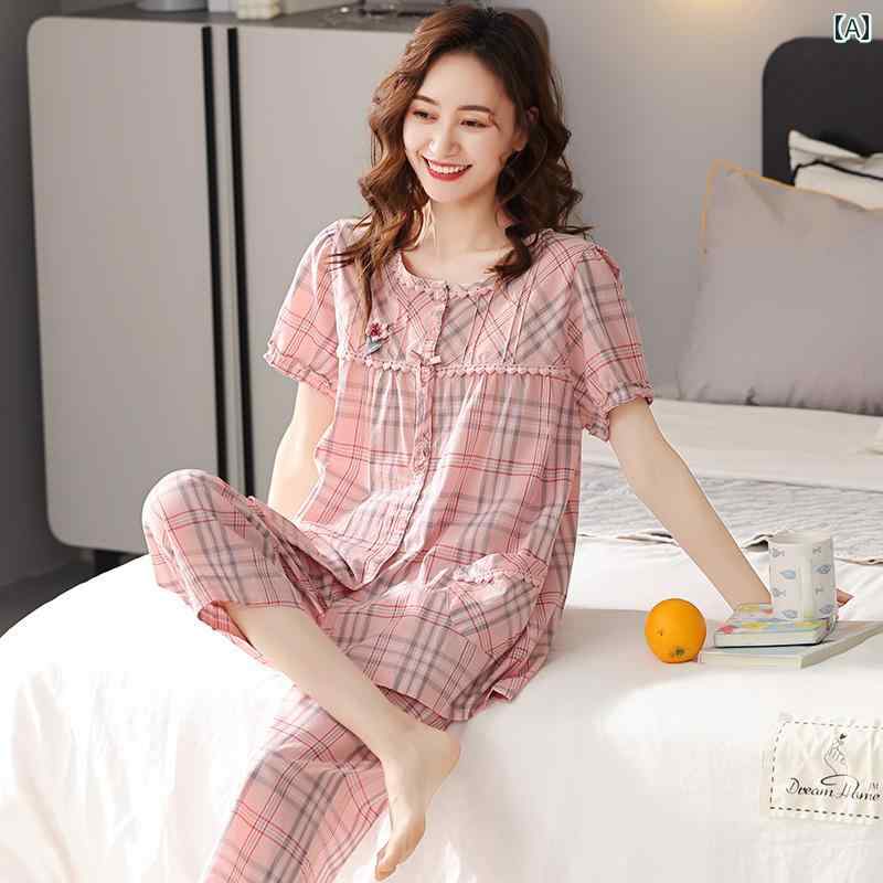 半袖　半ズボン　パジャマ パジャマ レディース 夏 綿 半袖 クロップドパンツ 母 織り 大きいサイズ 家 着 スーツ