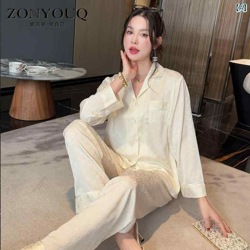 シルク　パジャマ　レディース 紫 玉 奇 シルク カップル パジャマ 春 長袖 ズボン カーディガン小 襟 男女 シンプル 高級 ホームウェア