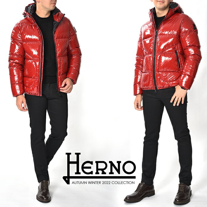 ヘルノ HERNO 【2022-23年 秋冬新作】 ダウンジャケット フーディー ブルゾン アウター GLOSS HOODED BOMBER 3D “Hモノグラム”ロゴ グロッシーペイント加工 秋冬 メンズ レッド 赤 イタリア ブランド