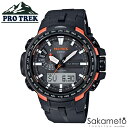 正規品CASIOカシオ【PRO TREK】プロトレックのアナログデジタルモデルから、視認性と操作性を向上させたNewモデル トリプルセンサーVer.3搭載 デジアナ ブラック×オレンジ 電波ソーラー メンズ【PRW-6100Y-1JF】