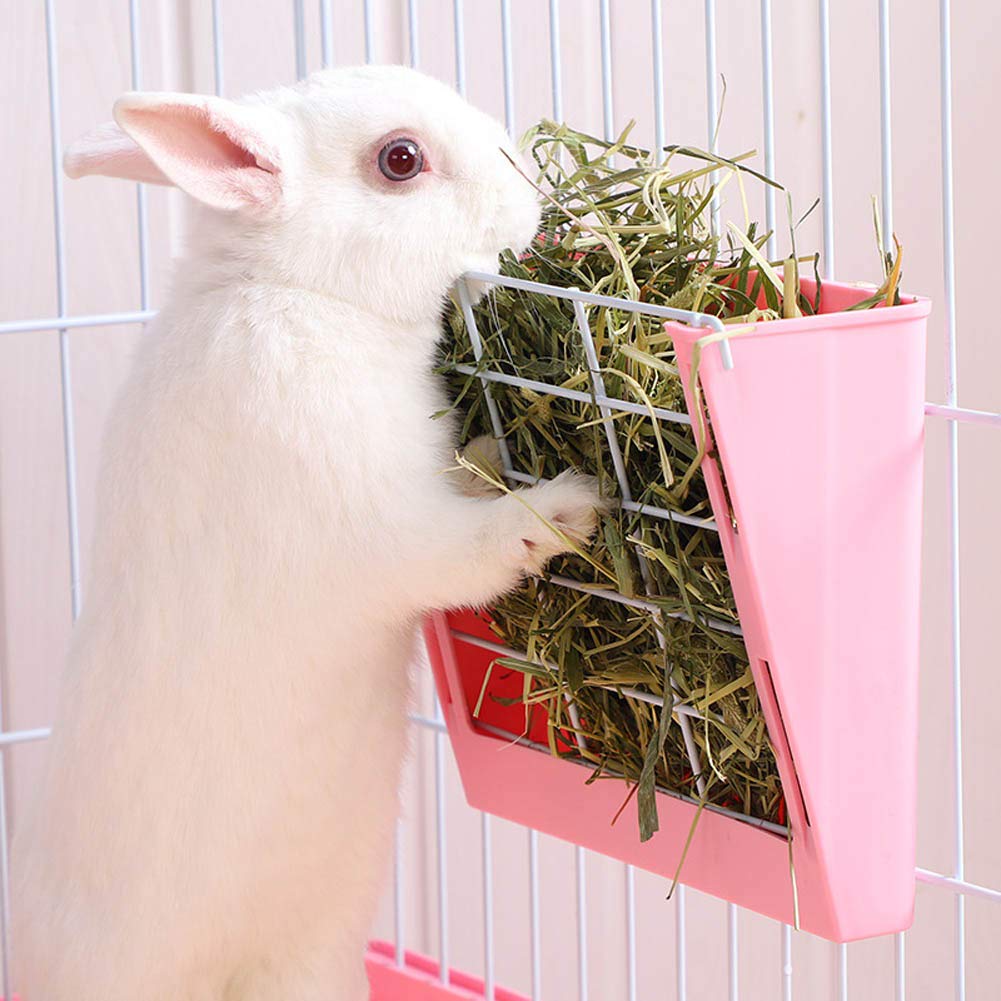 うさぎ牧草フィーダー ワイドフィーダー 牧草カウンター 大容量牧草ボックス <strong>チモシー入れ</strong> 干し草フィーダー 餌入れ ウサギ用食器 ケージに固定できる 餌箱 小動物 ピンク