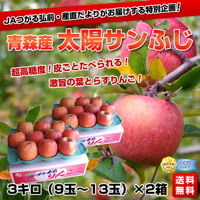 【送料無料】青森JAつがる弘前 糖度13度以上「葉とらず太陽サンふじりんご」約3キロ（9玉〜13玉）×2箱⇒2,580円