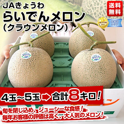 北海道 JAきょうわらいでんクラウンメロン（青肉）8キロ(4玉〜5玉）高級らいでんクラウンメロン！大玉8キロ・業務箱ごと破格値でお届け！