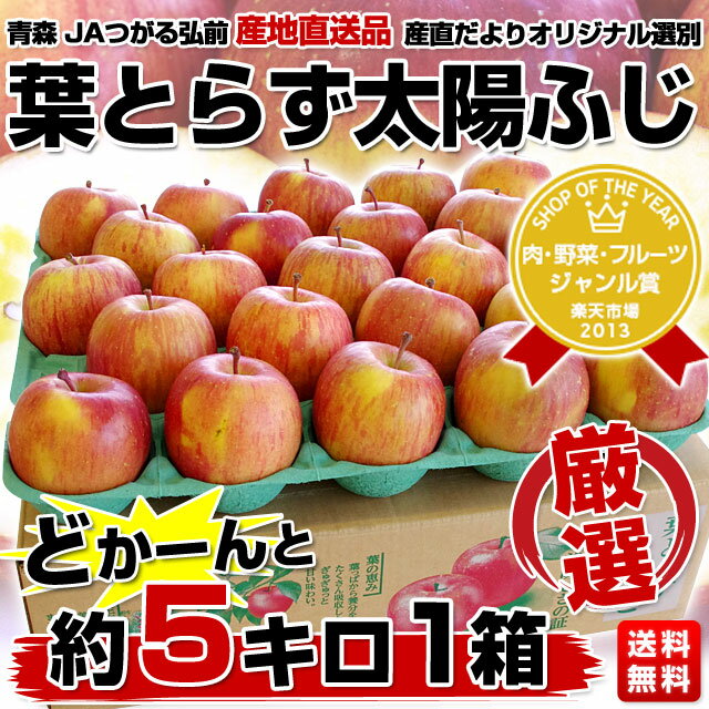 青森　つがる弘前！厳選　葉とらず太陽ふじ　5キロ1箱（16玉〜23玉）2,980円・送料無料！大本命のりんごが目玉価格！オリジナル選別5キロ箱で大奉仕！産地直送品