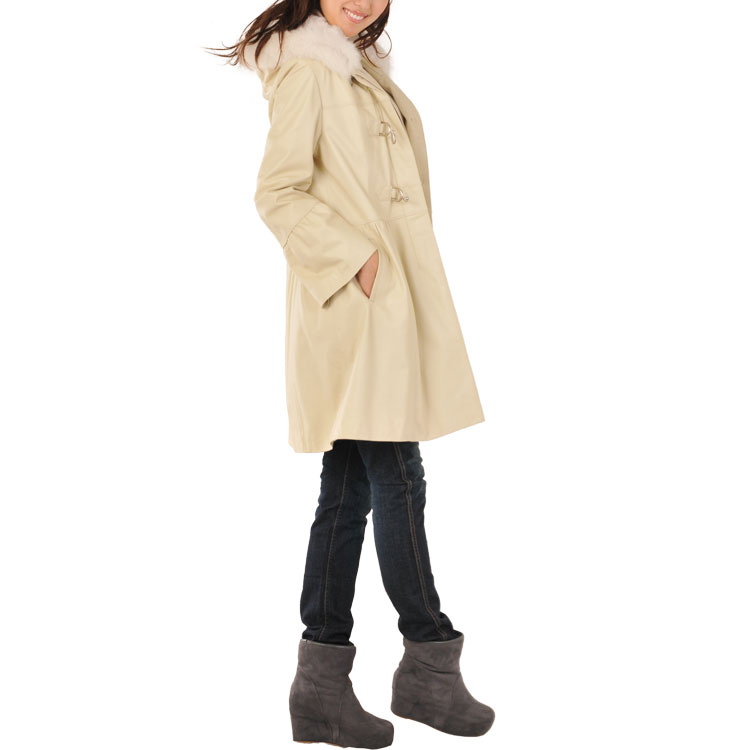 ラムレザー＆フォックス＆チキャンラム コート ベルスリーブ フード付き サイズ:13号[LL（大きいサイズ）] カラー:アイボリー[ベージュ](04000010-zz-13-ivor) 【送料無料!!】【ラム革】【アウター】