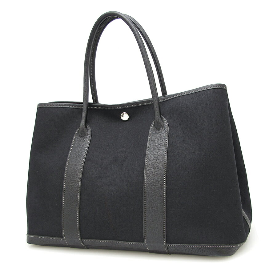 Authentic HERMES Classic Black Canvas Leather GARDEN PARTY PM Handbag Tote Bag | eBay