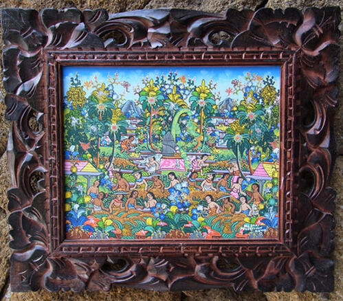 イ・クトゥッ・ソキ（I Ketut Soki）のバリ絵画Potong Padi(稲刈り)木製額つき原画（C）25×20【送料無料】【証明書付き】バリ島、スパ、カフェ、美容、バリ絵画美術館にも多数飾られている本物のバリ絵画を証明書付きで、玄関リビング寝室にもちょうどいい大きさです。