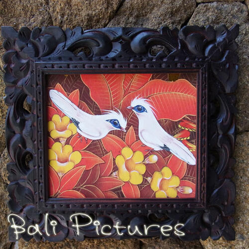バリ絵画(オレンジ鳥・横型)【メール便不可】花鳥風月や日常を日本画風に描いたブンゴセカンスタイル。色鮮やかな木々と、躍動感のある鳥たちが安らぎを与えてくれます。