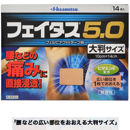 【第2類医薬品】〔J〕フェイタス5.0(大判) 14枚入 湿布 シップ 湿布薬 筋肉痛 シップ薬 久光製薬 フェイタス5.0 大判サイズ 貼り薬 肩こり 肩凝り 腰痛 ビタミンE 鎮痛消炎薬 鎮痛消炎テープ剤 微香性（控）