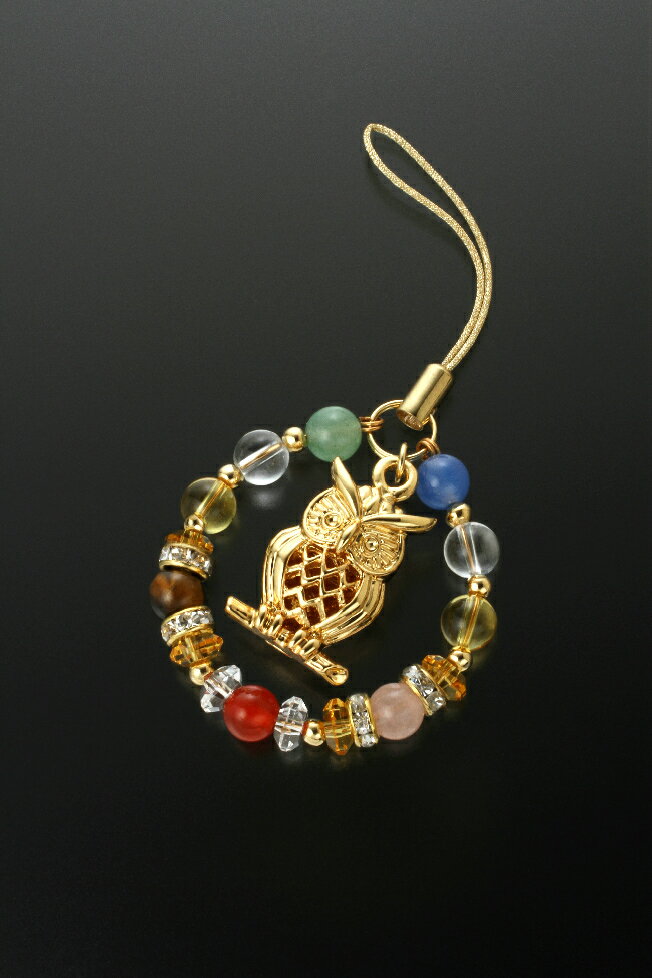 【幸運ふくろうカラフルストラップ】白水晶/黄水晶/虎目石/赤メノウ/青メノウ/パワーストーン ストラップ