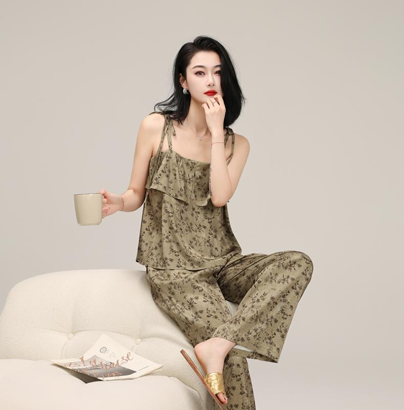 レディース パジャマ ナイトウェア ズボン ルームウェア ロング パンツ キャミソール ズボン セット 衣料品 レディース 春秋