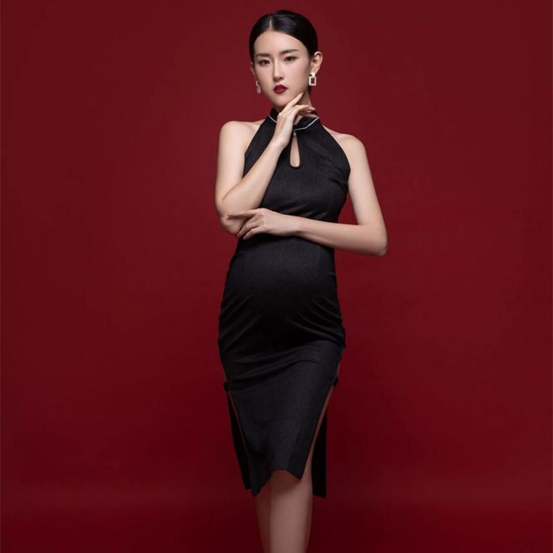 マタニティ フォト 衣装 おしゃれ 記念 フォトスタジオ 魅惑 黒 チャイナ風 写真撮影 妊婦 レトロ アート スカート ブラック フリーサイズ