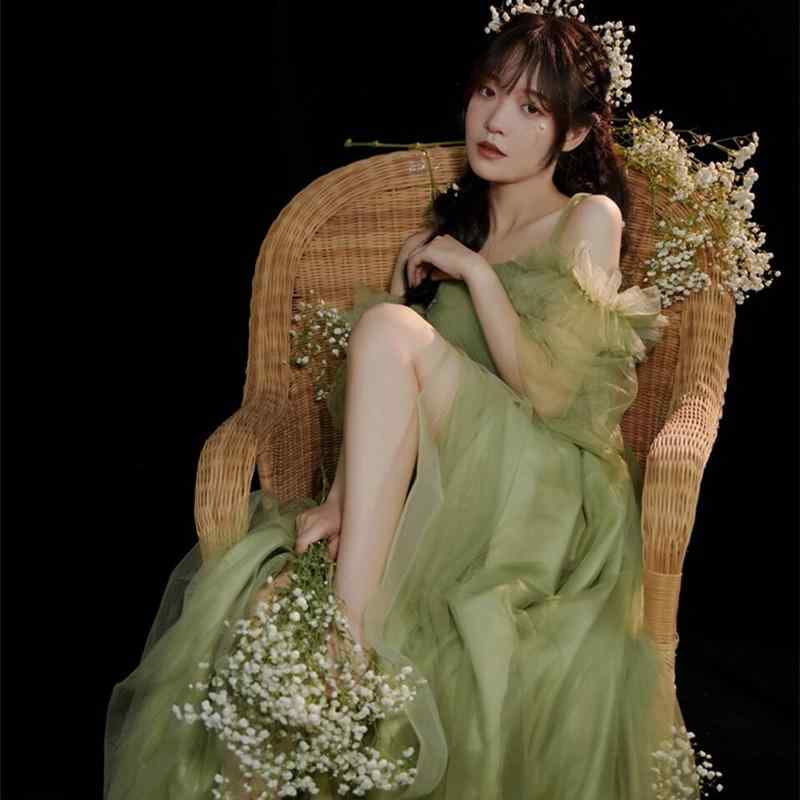 マタニティ フォト 衣装 おしゃれ 記念 フォト グリーン フレッシュ 写真 妊婦 アート フリーサイズ ドレス かわいい