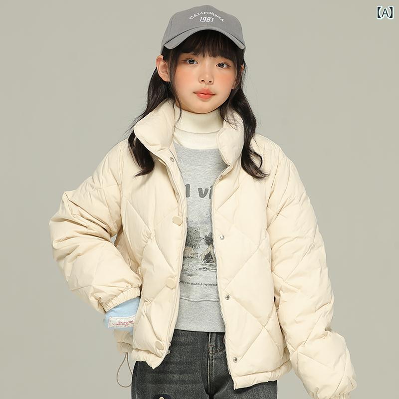 ジャケット 子供服 アウター カジュアル シンプル 普段使い キッズ 女の子 秋冬 クラシック チェック スタンドカラー ダウン 中型 大型 子供用 ホワイトダックダウン 暖かい 厚手 女性用