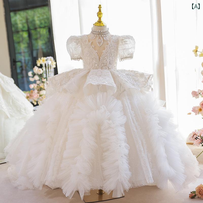 ドレス 発表会 ガールズ ハイエンド ふわふわ プリンセス 子供 白 スパンコール テール イブニングドレス ピアノ ホスト キャットウォーク パフォーマンス 衣装