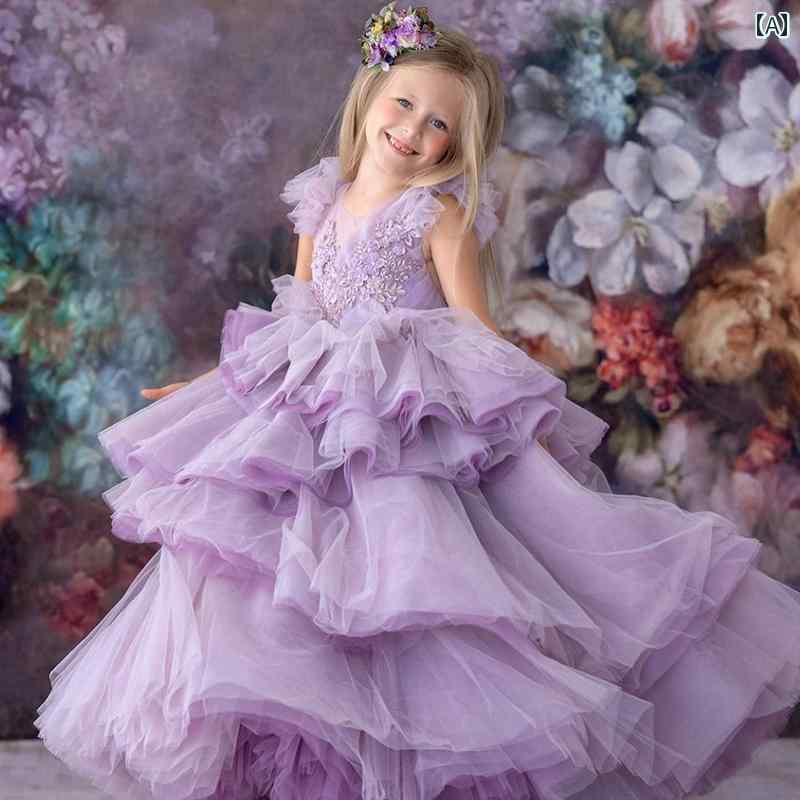 ドレス スカート 発表会 ガールズ 子供用 プリンセス 紫色 チュチュ 高級感 パフォーマンス 衣装 キャットウォーク ピアノ 衣装 10歳 誕生日 パーティー