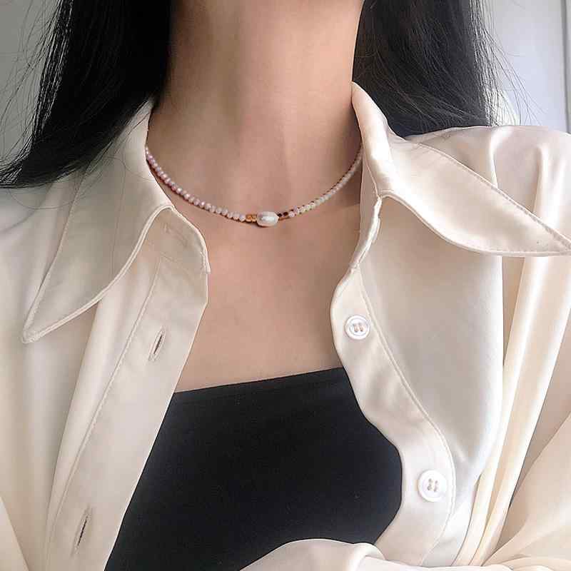 ネックレス レディース アクセサリー エスニック 淡水 パール ネックレス カラフル 光沢 18K ゴールド ビーズ 鎖骨 チェーン