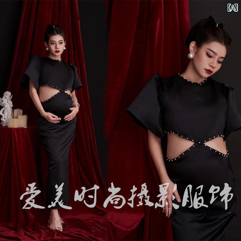 マタニティ おしゃれ フォト 衣装 妊婦 写真撮影 スタジオ ブラック 妊娠 アート フリーサイズ シンプル ドレス スカート ロング 半袖
