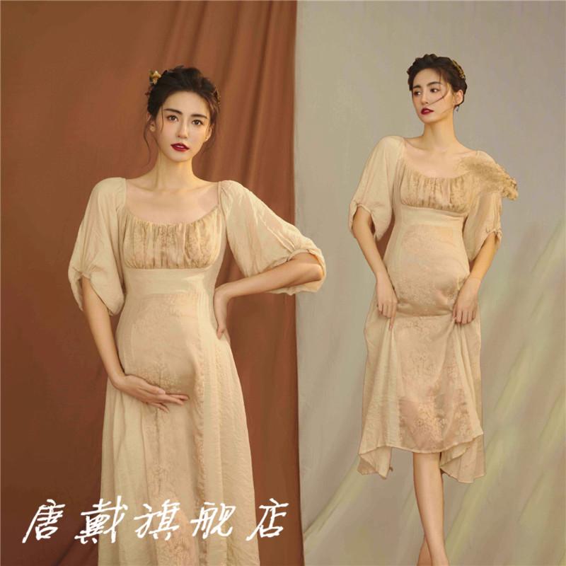 マタニティ フォト おしゃれ ファッション 写真 レトロ スタジオ ドレス 大きめお腹 ママ アート フリー ワンピース ロング スカート かわいい 半袖