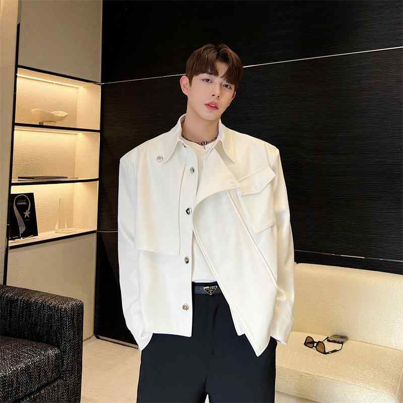 ジャケット メンズ 春 メタル ボタン ジャケット 斜め前 韓国 ショート 白黒 秋冬 長袖