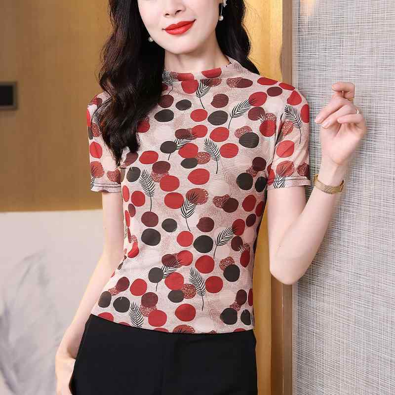トップス シャツ レディース マザーズ 婦人服 普段使い 女性用 ポルカドット セミ ハイネック 半袖 Tシャツ 夏 スリムフィット ママ 冷感