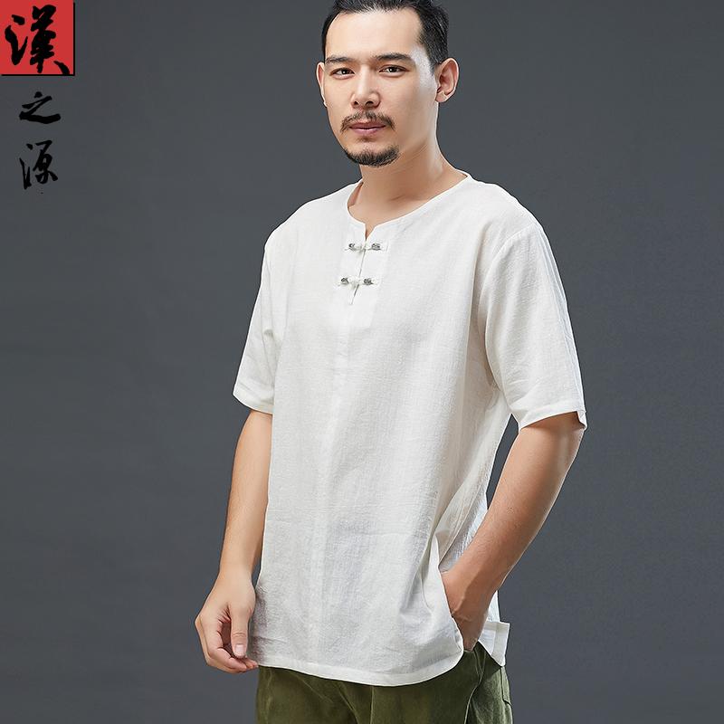 メンズ 夏 綿 リネン 半袖 T シャツ V ネック 薄手 中華風 ファッション 無地 中国 レトロ
