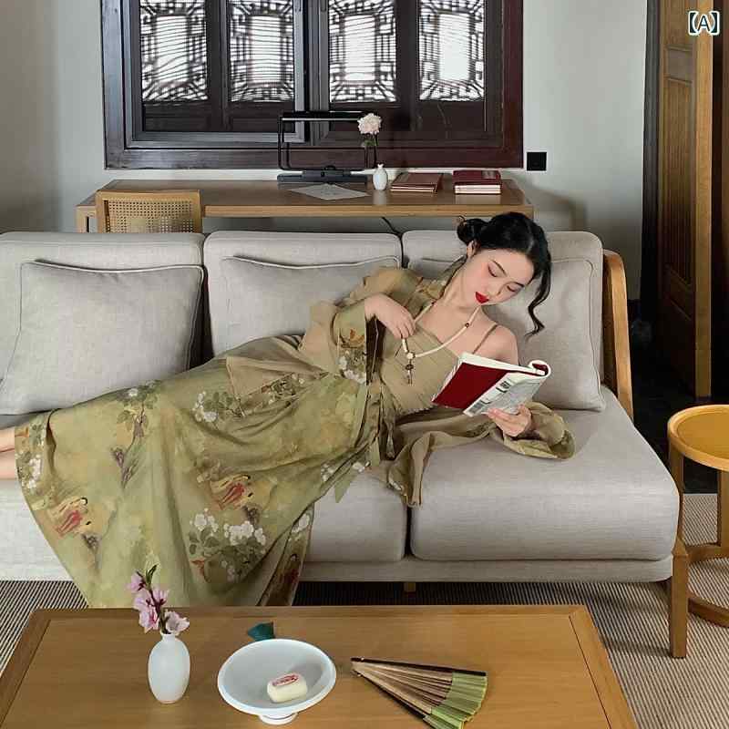 レディース ファッション 大人 かわいい チャイナ ドレス ロング サマー レトロ シック 中華風 サスペンダー スカート カーディガン ツーピース セット