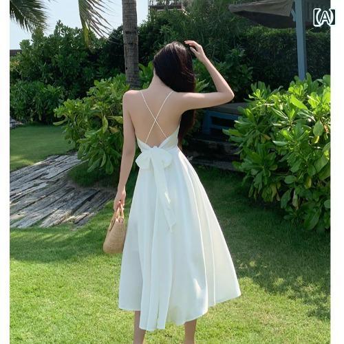 夏 リゾート ワンピース ホリデー 旅行 服 サスペンダー 背中 開いた ドレス スリム フェアリー 海辺 休暇 ビーチ