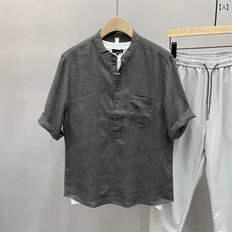 メンズ 夏 カジュアル トップス シャツ サマー 若々しい 半袖 レトロ 通気性 高さ スタンドカラー
