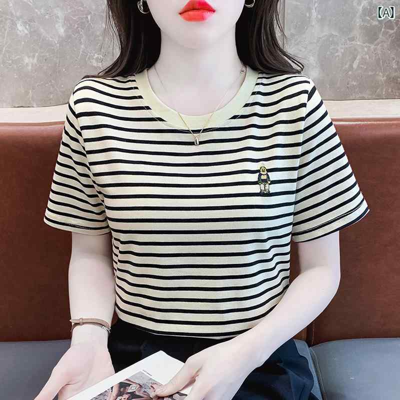レディース 夏 カジュアル 半袖 シャツ トップス 普段着 サマー 女性用 韓国 黒 ストライプ T スタイリッシュ 若々しい 冷感 スリミング