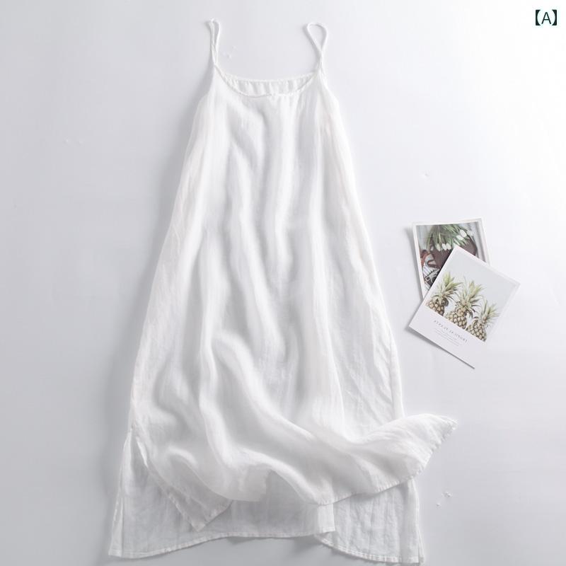 レディース 夏 サマー キャミソール ドレス ワンピース ホワイト ラミー タンクトップ 綿 リネン サスペンダー スカート 女性 裏地 ゆったり 多目的 ミドル丈 ノースリーブドレス