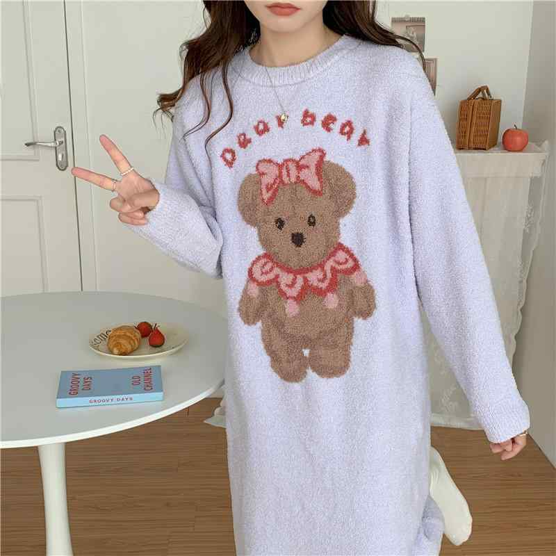 ルームウェア レディース 超厚手 ふわふわ もこもこ 保温 快適 冬用 丸首 長袖 クマ柄 リボン かわいい ポリエステル ルームワンピース ネグリジェ 部屋着