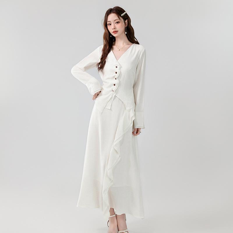 スカート レディース 春夏 無地 フレンチ Vネック フリル 高級感 デザイン 着痩せ ロング丈 ツーピース セットアップ 通勤 オフィス エレガント